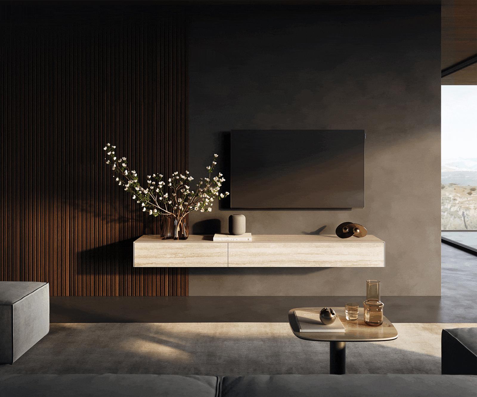 Meuble-TV Cuor 200 cm Céramique Laminam® Travertino Bianco Crème-blanc 1 Clapet 1 Tiroir Flottant 5