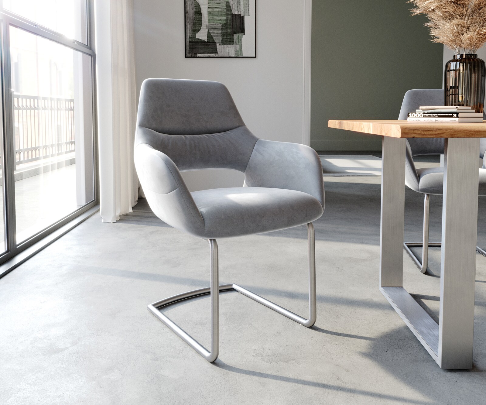 Cantilever Yago-Flex avec accoudoirs velours gris pied cantilever rond acier inoxydable brossé ressorts ensachés