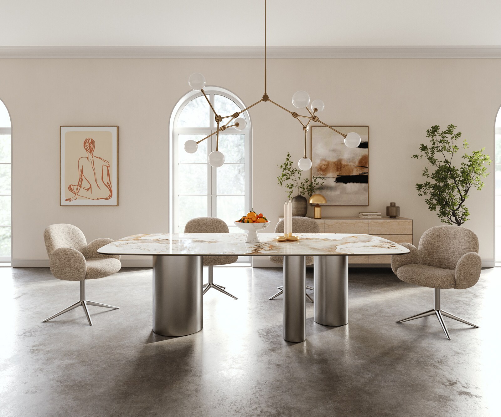 Table à manger Edge Boot 240x120 cm Céramique Minas Melange Blanc-Beige Troa Acier inoxydable gebürstet