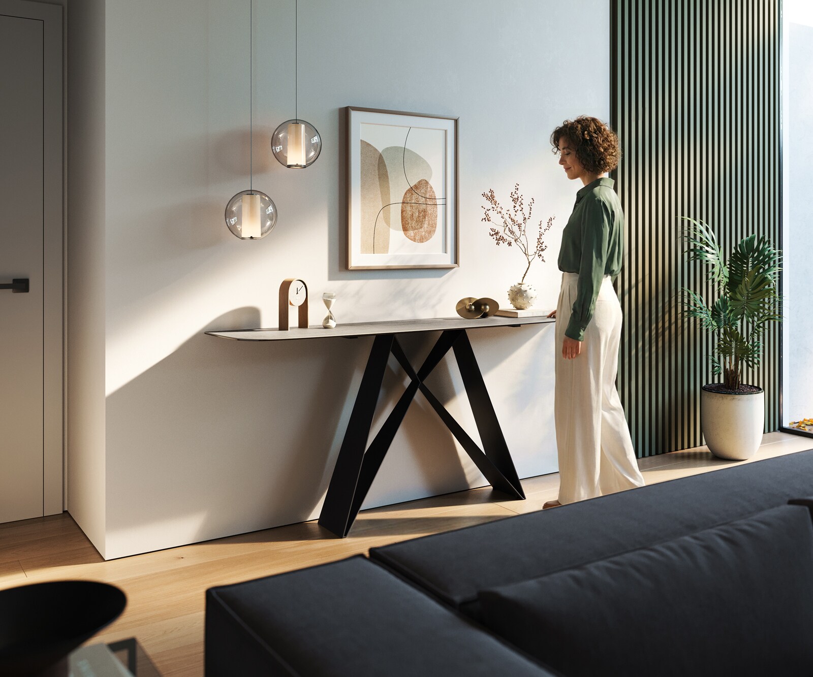Console Edge forme bateau 180x40 cm Céramique Gris béton Velio Métal Noir 7