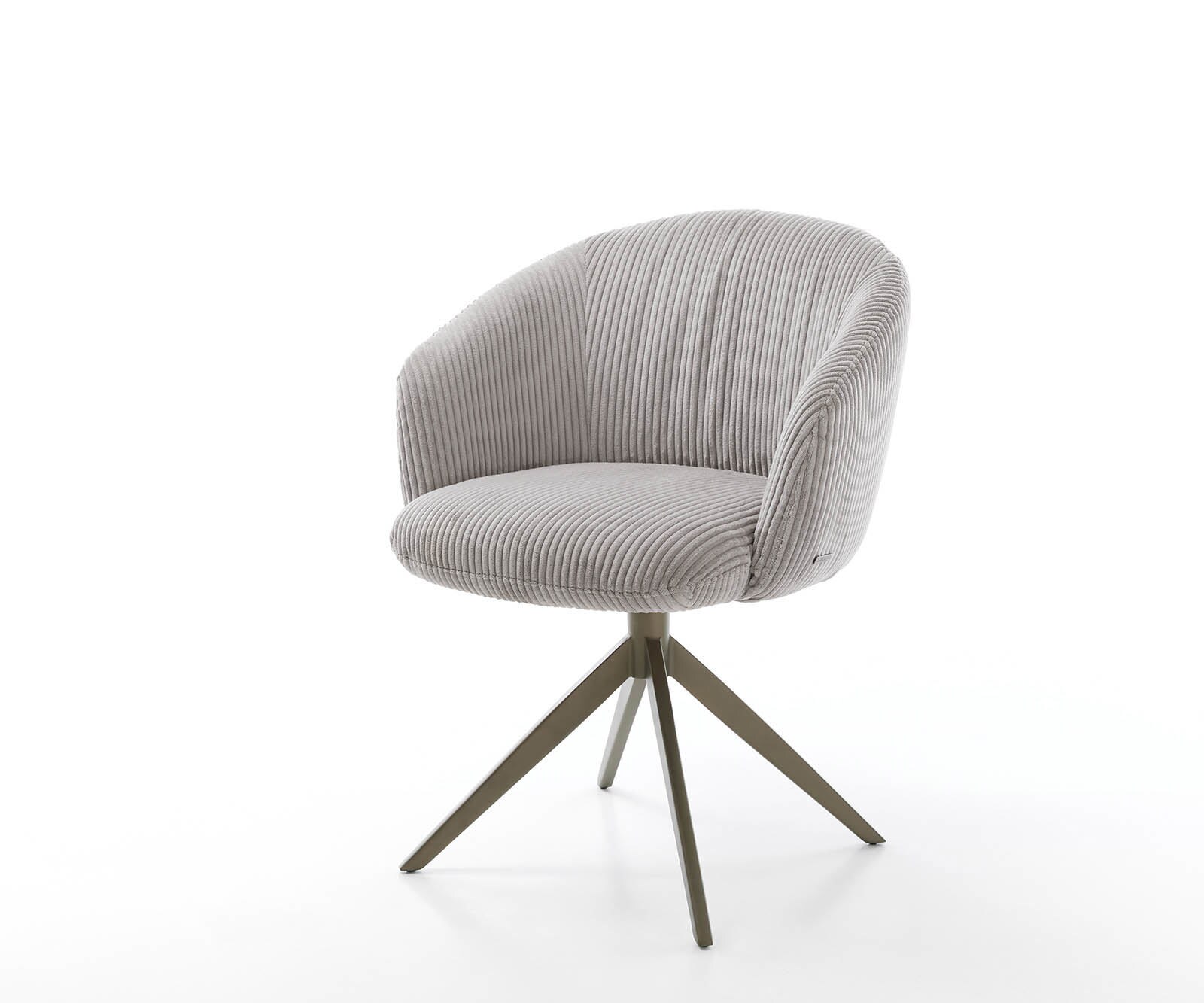 Chaise-pivotante Caja-Flex avec accoudoirs côtelé gris argenté pied croisé large aspect titane pivotement sur 360° ressorts ensachés
