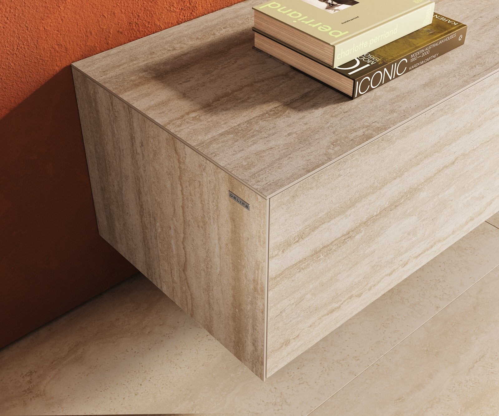 Meuble-TV Cuor 220 cm Céramique Laminam® Travertino Bianco Crème-blanc 1 Clapet 2 Tiroirs Flottant 6