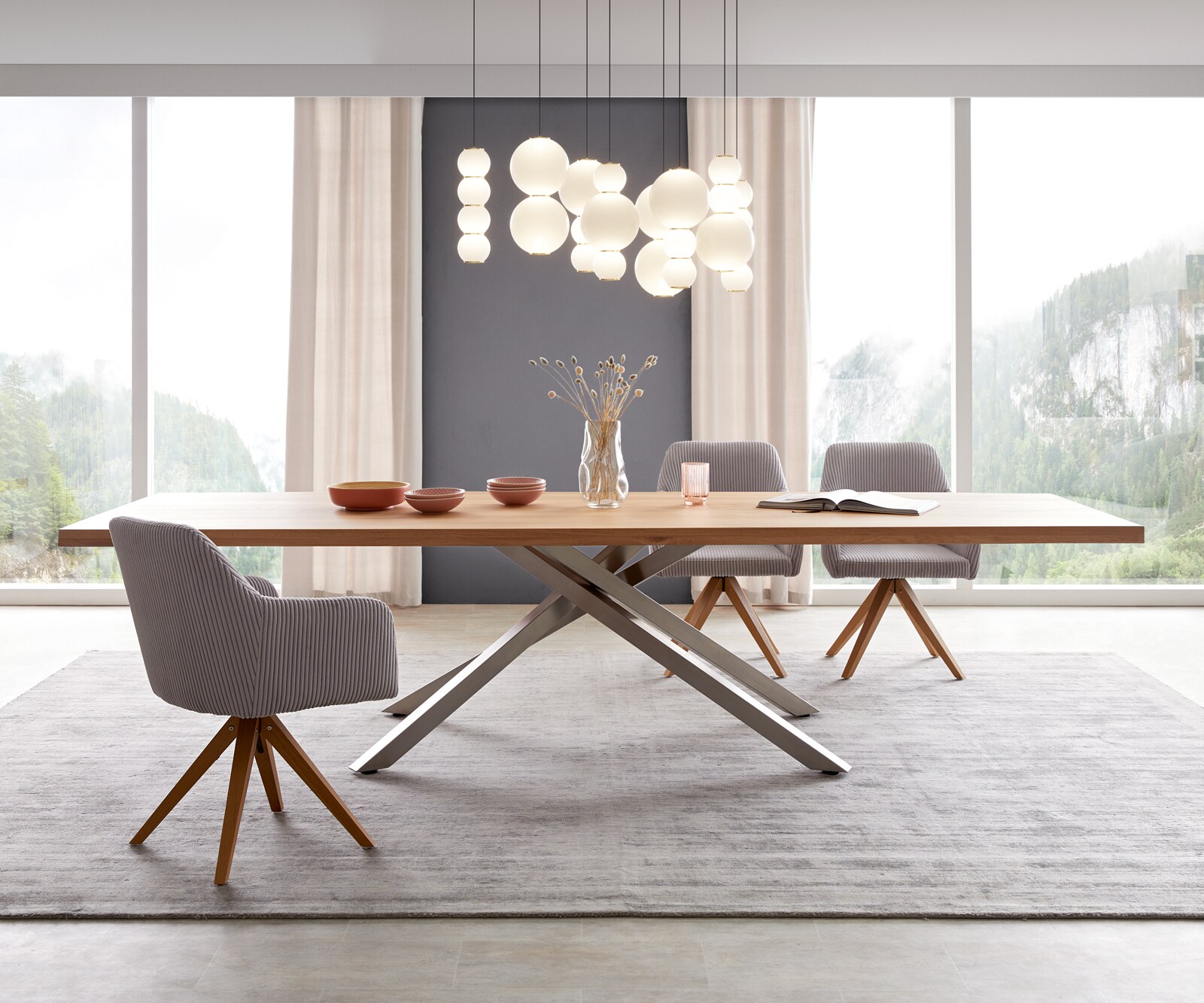 Table à manger Edge 300x100 chêne nature cadre croisé rectangle acier inoxydable 1