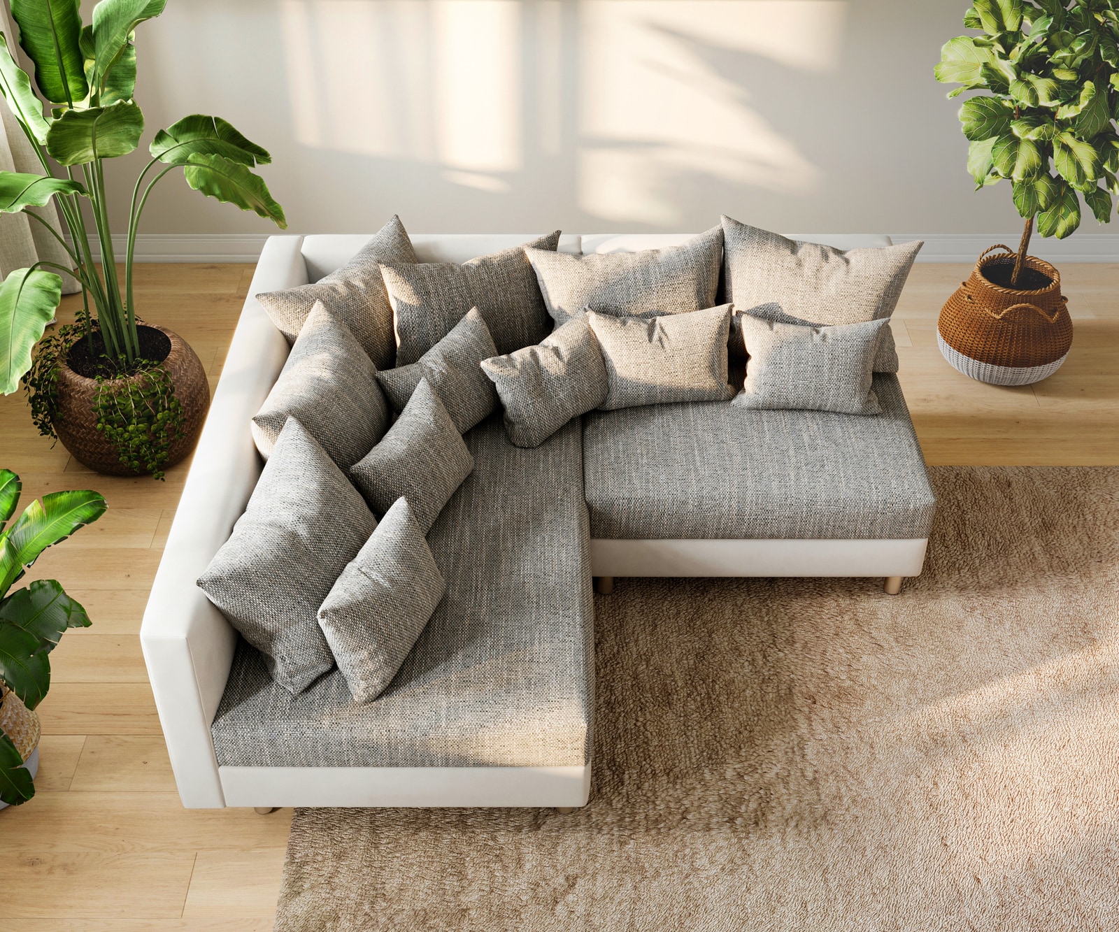 Canapé d'angle Clovis blanc gris clair ottoman gauche canapé module 3 Canapé d'angle Clovis blanc gris clair ottoman gauche canapé module 3