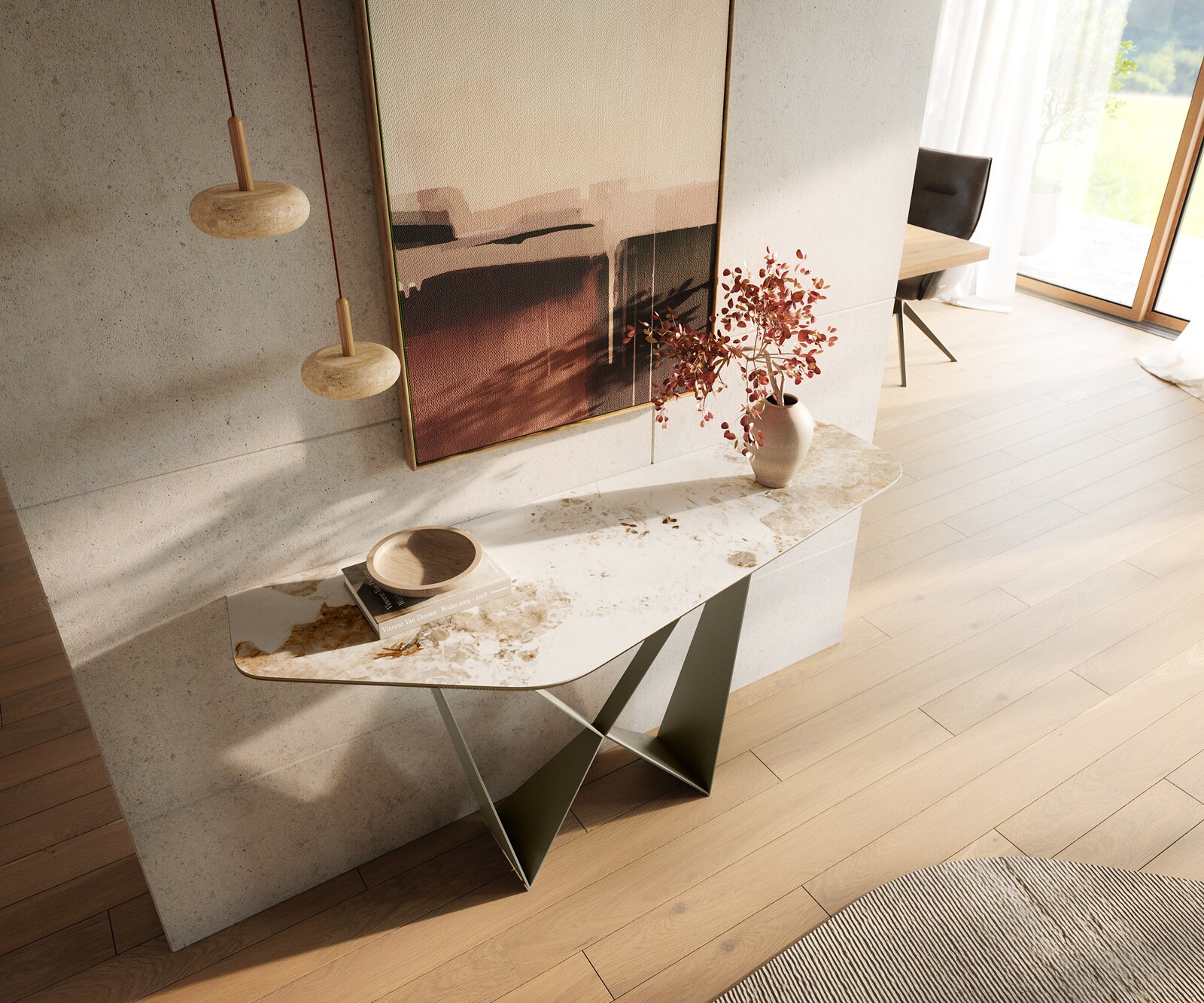 Console Edge Polygonal 140x50 cm Céramique Minas Melange Weiß-Beige Spios Métal Effektfinish Titan 2