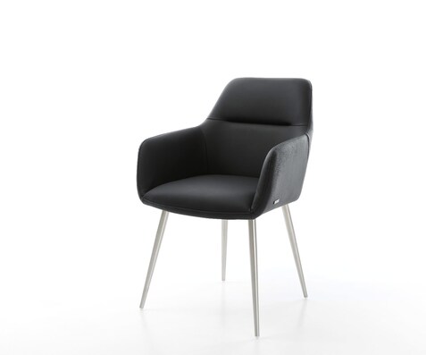 Chaise-de-salle-à-manger Pejo-Flex cuir de vache noir 4 pieds coniques acier inoxydable brossé ressorts ensachés