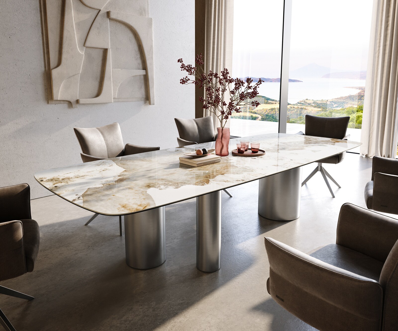 Table à manger Edge Boot 300x120 cm Céramique Minas Melange Blanc-Beige Troa Acier inoxydable gebürstet 1