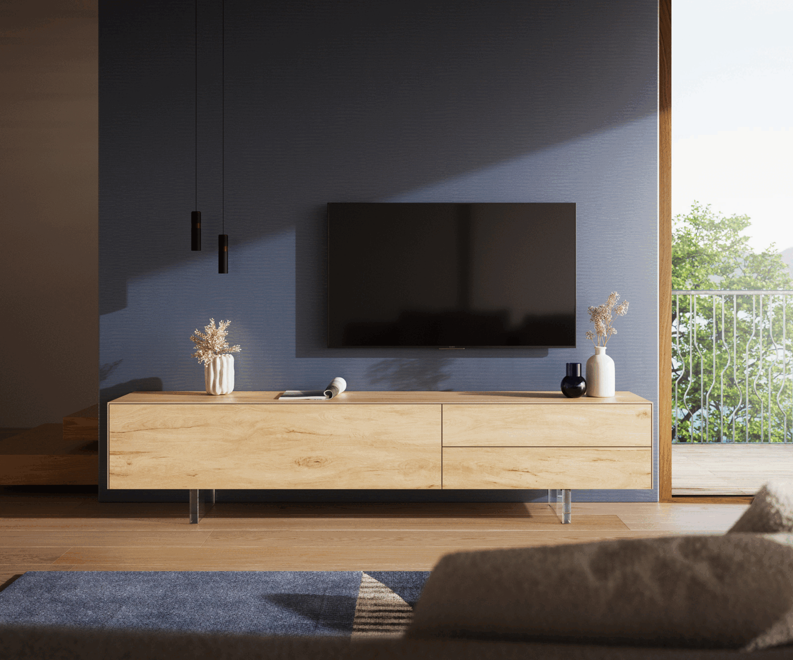 Meuble-TV Cuor 220 cm Céramique Laminam® Sabbia Teinte chêne 1 Clapet 2 Tiroirs Pied optique flottant Verre acrylique 2