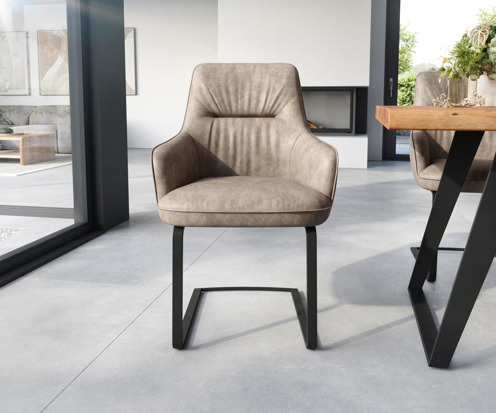 Cantilever Zelia-Flex avec accoudoirs microvelours taupe vintage pied cantilever plat noir ressorts ensachés 1 Cantilever Zelia-Flex avec accoudoirs microvelours taupe vintage pied cantilever plat noir ressorts ensachés 1