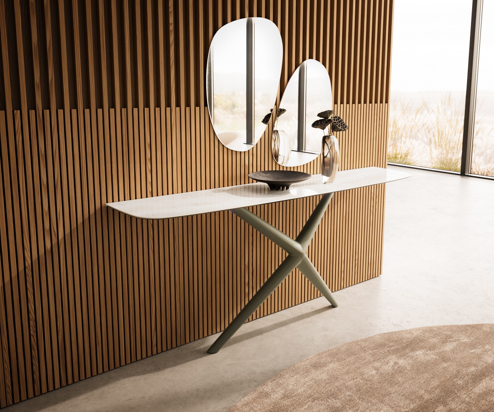 Console Edge forme bateau 180x40 cm Céramique Onyx Champagne Estelo Métal Effektfinish Titan 4