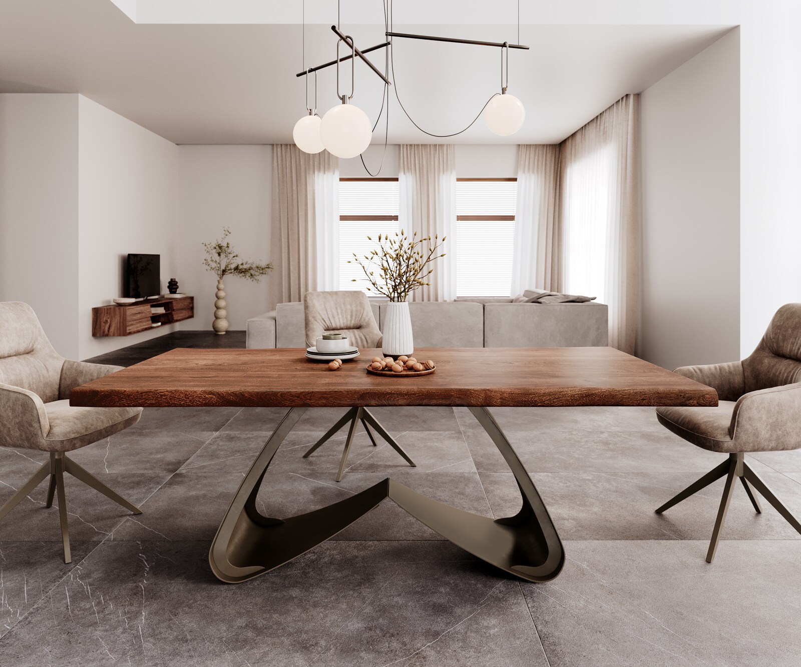 Table à manger Edge 200x100 XL Acacia Marron Cadre en W Métal finition à effet Titane Live-Edge 1