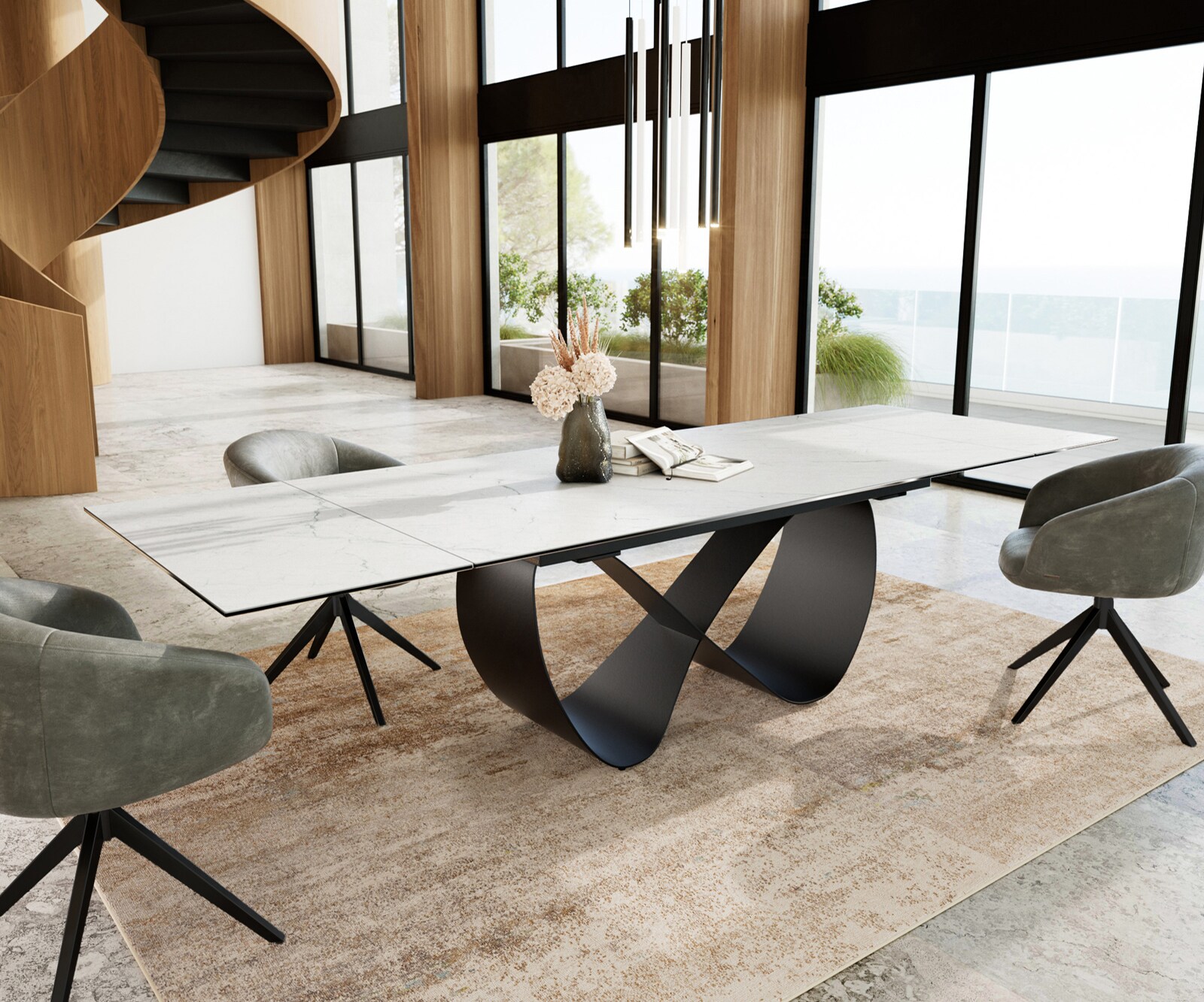 Table à manger Edge 200-300x100 cm Céramique Laminam®Statuarietto Blanc Infinity Métal Noir extensible 8