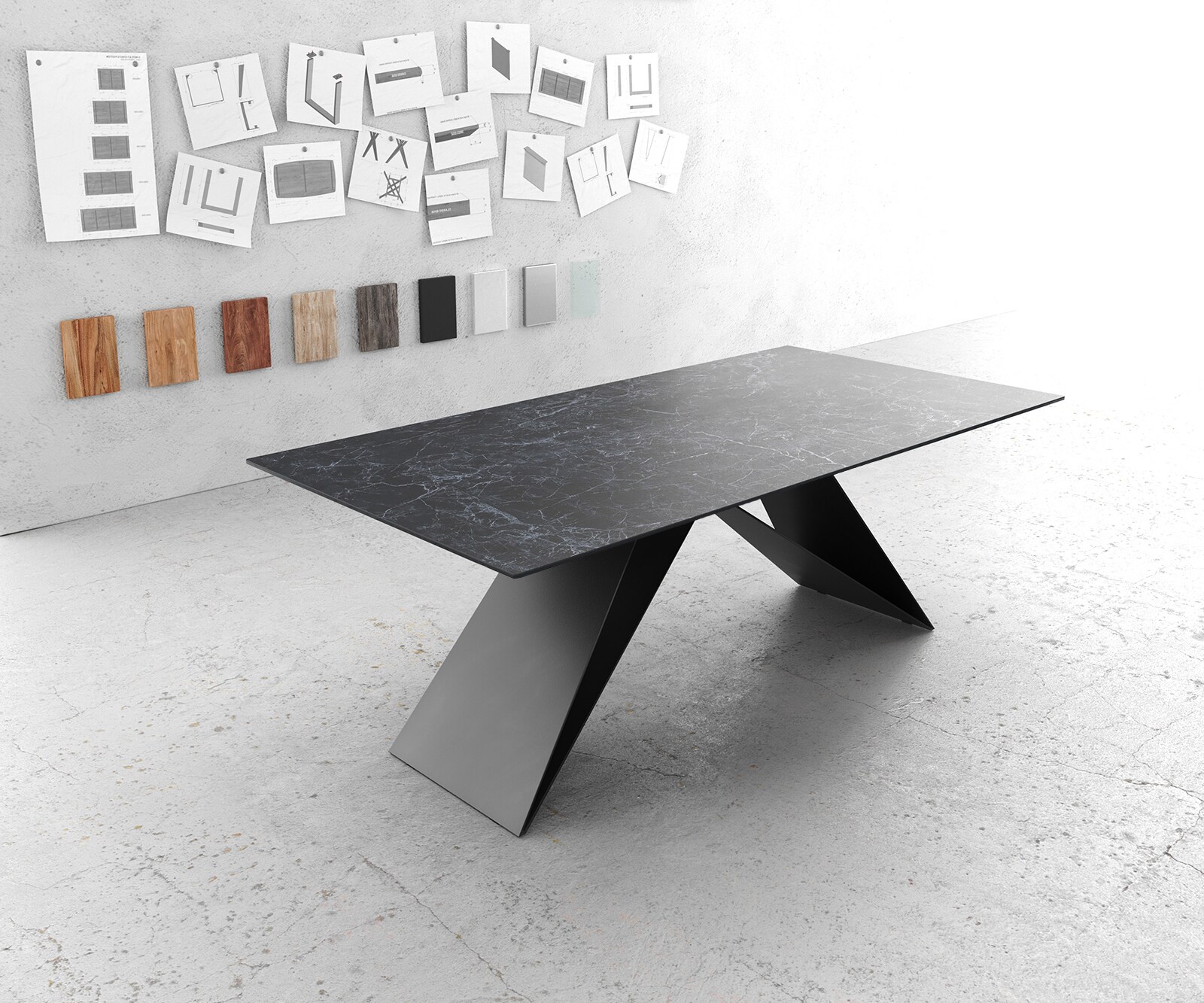 Table-à-manger Edge 200x100cm Laminam® céramique gris V-pieds milieu noir