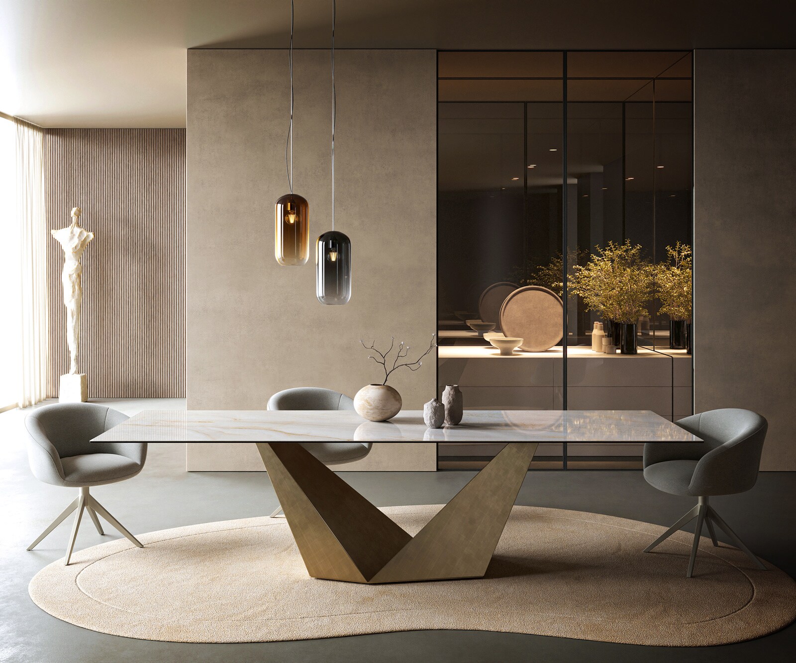 Table à manger Edge 300x100 cm céramique Onyx Pearl Prisma métal doré 2