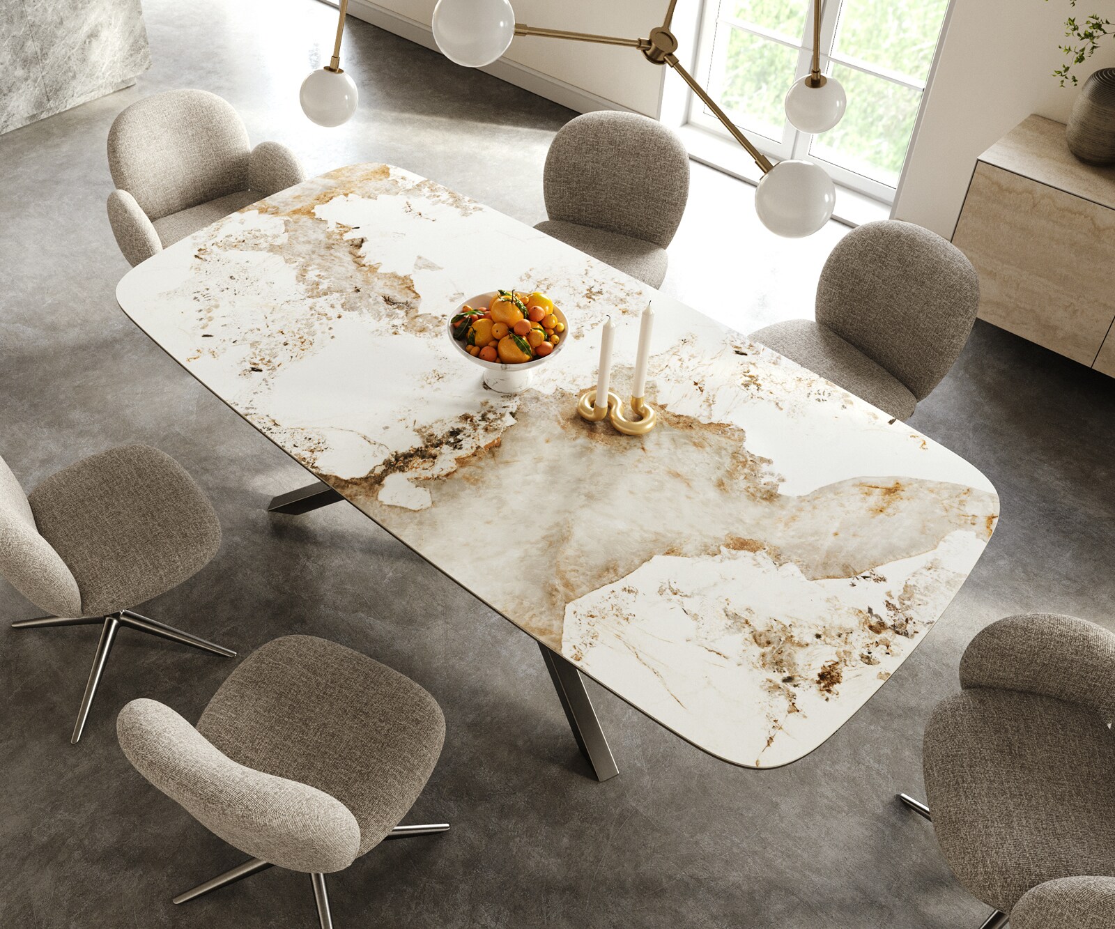 Table à manger Edge Boot 240x120 cm Céramique Minas Melange Blanc-Beige piètement en croix Rectangle Acier inoxydable Graphite 4