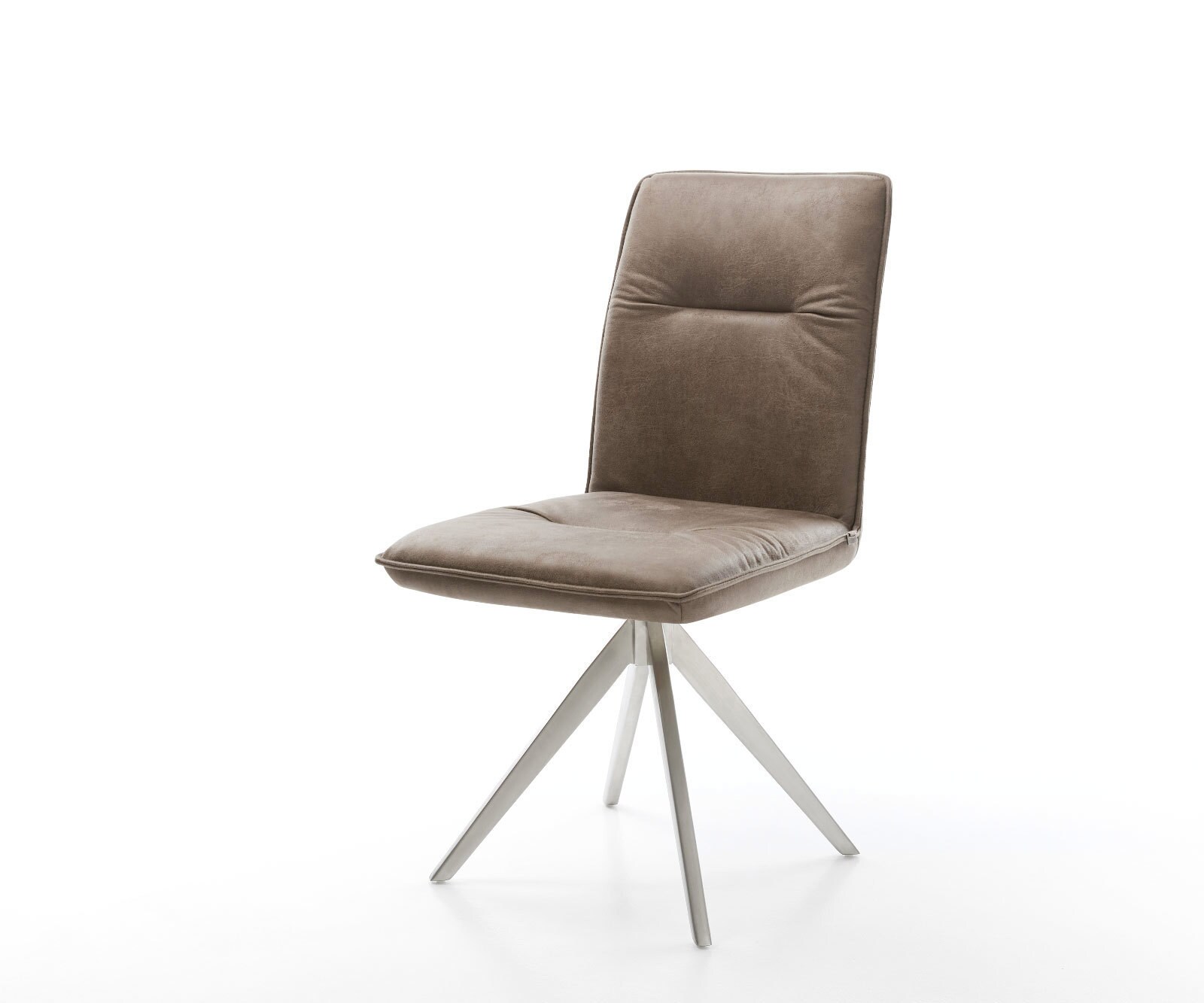 Chaise-de-salle-à-manger Vinjo-Flex microvelours taupe vintage pied croisé angulaire acier inoxydable brossé