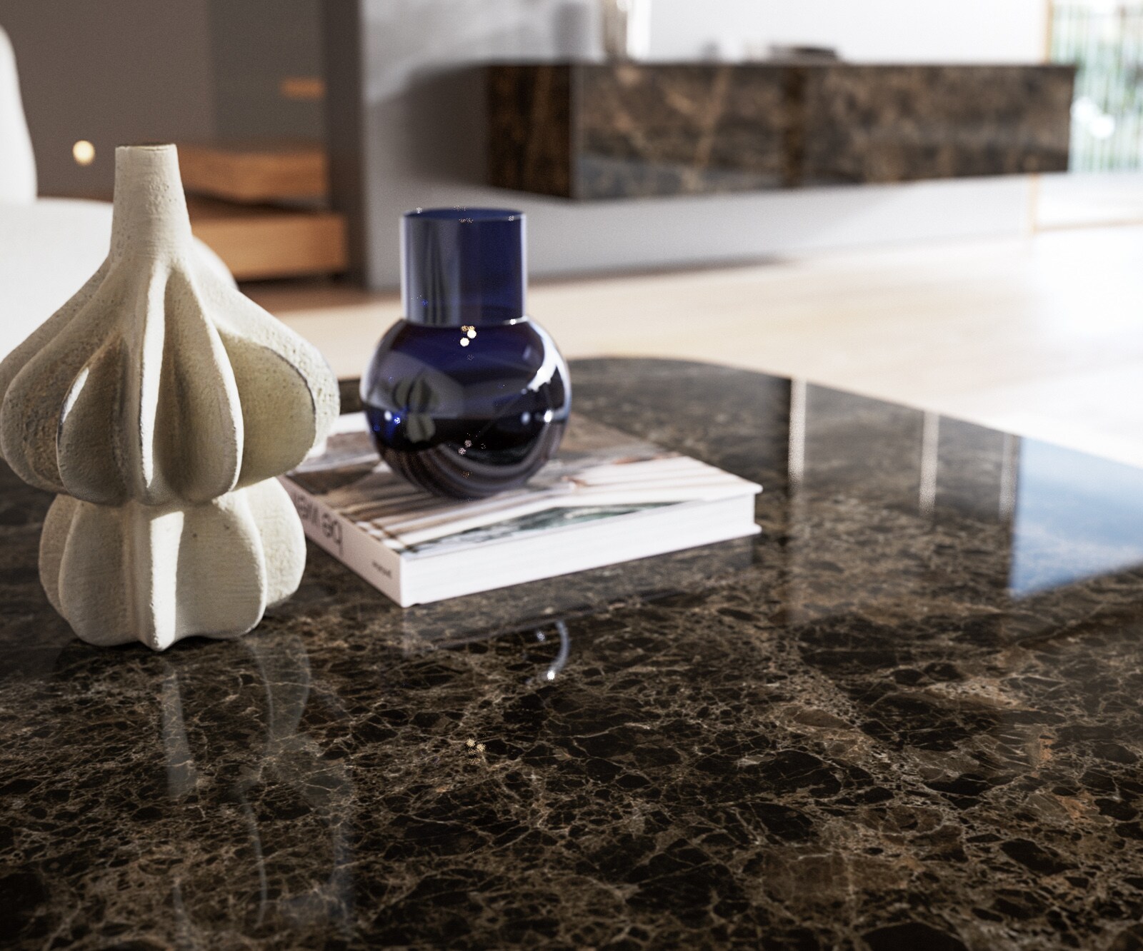 Table basse Edge Boot 90x90 cm céramique Laminam® Emperador Extra Lucidato brun foncé Trive métal noir 7