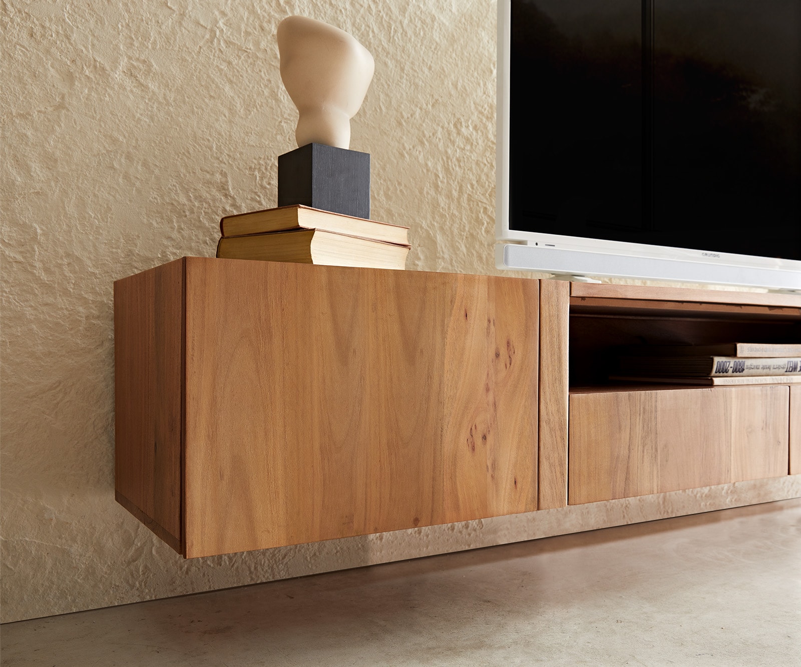 Meuble-TV Secara 220 cm acacia naturel 2 portes 2 tiroirs marbre flottant 3 Meuble-TV Secara 220 cm acacia naturel 2 portes 2 tiroirs marbre flottant 3
