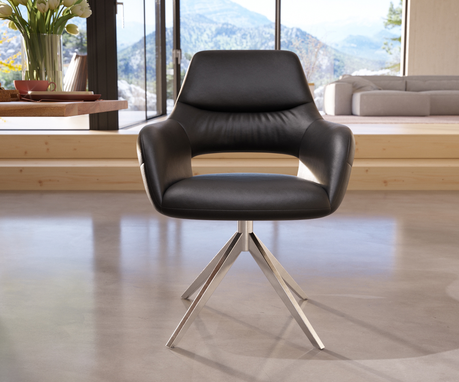 Chaise-de-salle-à-manger Yago-Flex avec accoudoirs cuir de vache noir pied croisé large acier inoxydable brossé ressorts ensachés 1 Chaise-de-salle-à-manger Yago-Flex avec accoudoirs cuir de vache noir pied croisé large acier inoxydable brossé ressorts ensachés 1