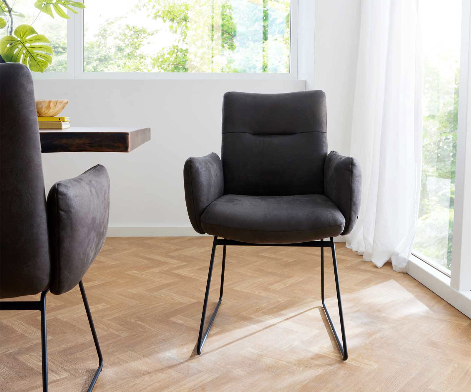Chaise-de-salle-à-manger Jova-Flex avec accoudoirs microvelours anthracite vintage pied trapèze noir ressorts ensachés 1 Chaise-de-salle-à-manger Jova-Flex avec accoudoirs microvelours anthracite vintage pied trapèze noir ressorts ensachés 1