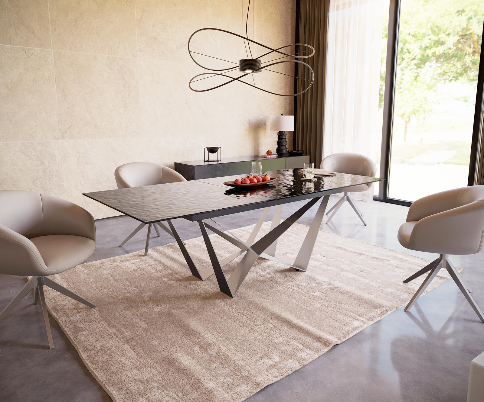 Table à manger Edge 180-220x100 verre fondu noir fumé relief en 3D Spider acier plat acier inoxydable extensible 6