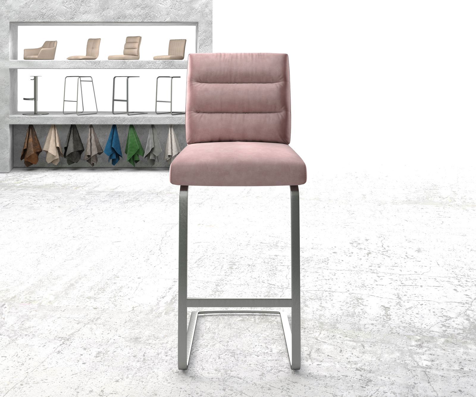 Chaise-de-bar Pela-Flex velours rosé chaise cantilever acier plat inoxydable 1