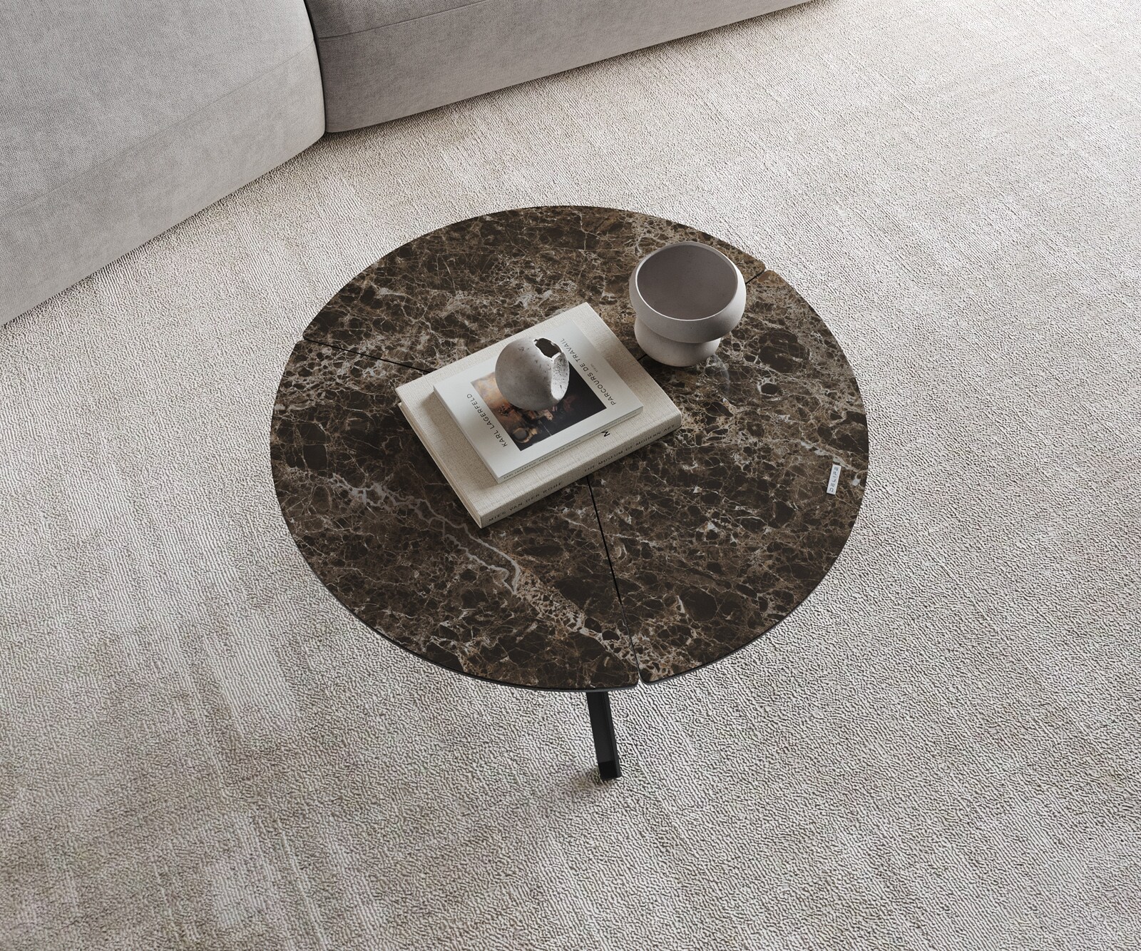Table-basse Delron 70x70 cm Céramique Emperador Extra Lucidato Marron foncé Pied croisé plat Métal Noir 3
