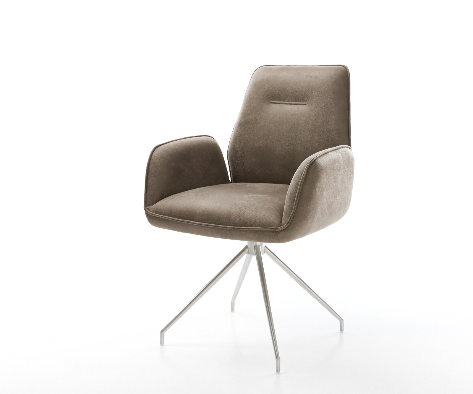 Chaise-de-salle-à-manger Zoa-Flex microvelours taupe vintage pied croisé conique acier inoxydable brossé ressorts ensachés