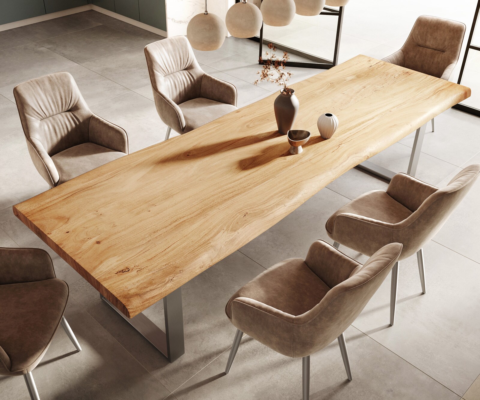 Table-à-manger Edge 300x100 XL acacia nature acier inoxydable mince Live-Edge 4