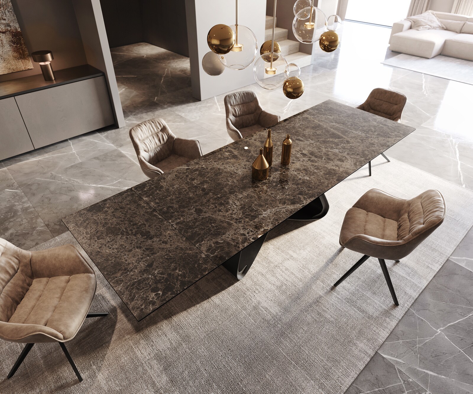 Table de salle à manger Edge Céramique Emperador Extra Lucidato Brun foncé 200-300x100 Piètement en W Noir extensible 3