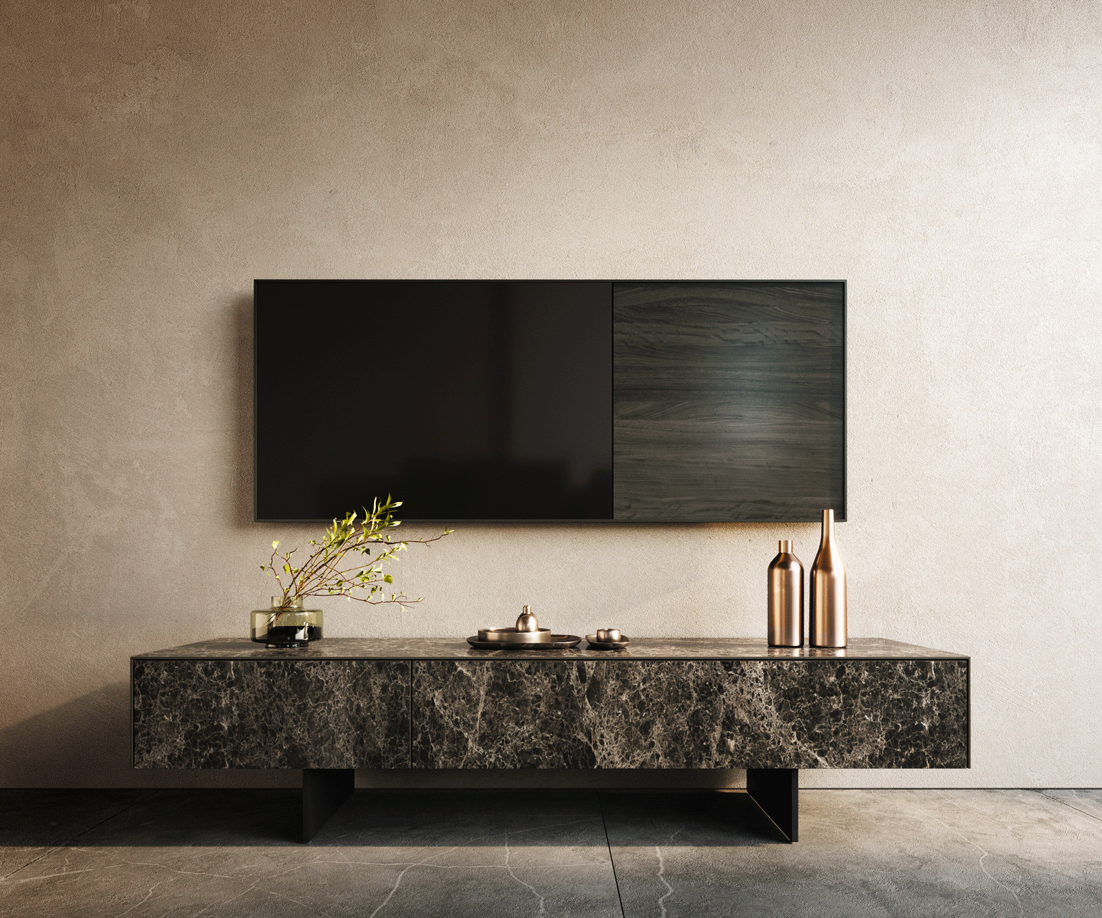 Meuble-TV Cuor 150 cm Céramique Laminam® Emperador Extra Lucidato brun foncé 1 Clapet 1 Tiroir Pied optique flottant Métal Noir 1