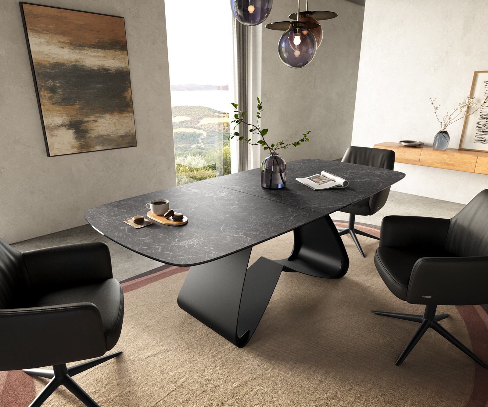 Table à manger Edge Boot 180-220x100 cm Céramique Laminam® Nero Greco Anthracite piètement en W Noir extensible 1