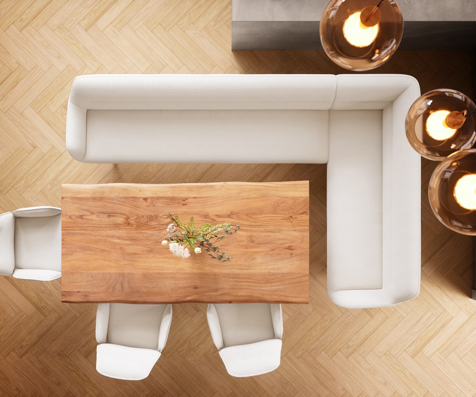 Banc-de-salle-à-manger Taya-Flex 285x190 cm bouclé crème-blanc châssis à patins plat titane ressort ensaché liens 6