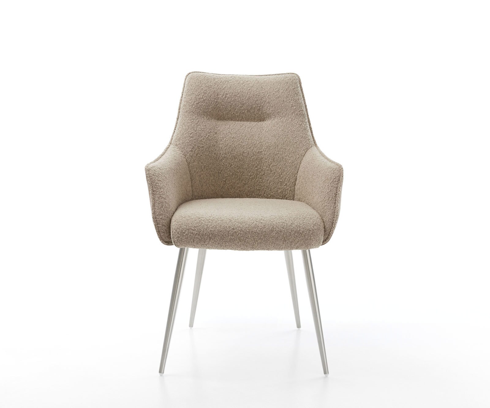 Chaise-de-salle-à-manger Alja-Flex avec accoudoirs tissu mixte couleur boue 4 pieds coniques acier inoxydable brossé ressorts ensachés 2