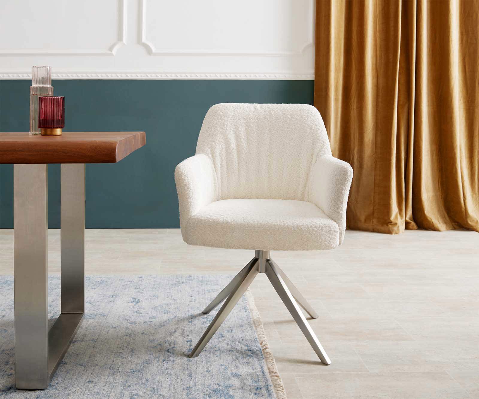 Chaise-pivotante Xana-Flex avec accoudoirs bouclé blanc pied croisé large acier inoxydable brossé pivotement sur 360° ressorts ensachés 1 Chaise-pivotante Xana-Flex avec accoudoirs bouclé blanc pied croisé large acier inoxydable brossé pivotement sur 360° ressorts ensachés 1