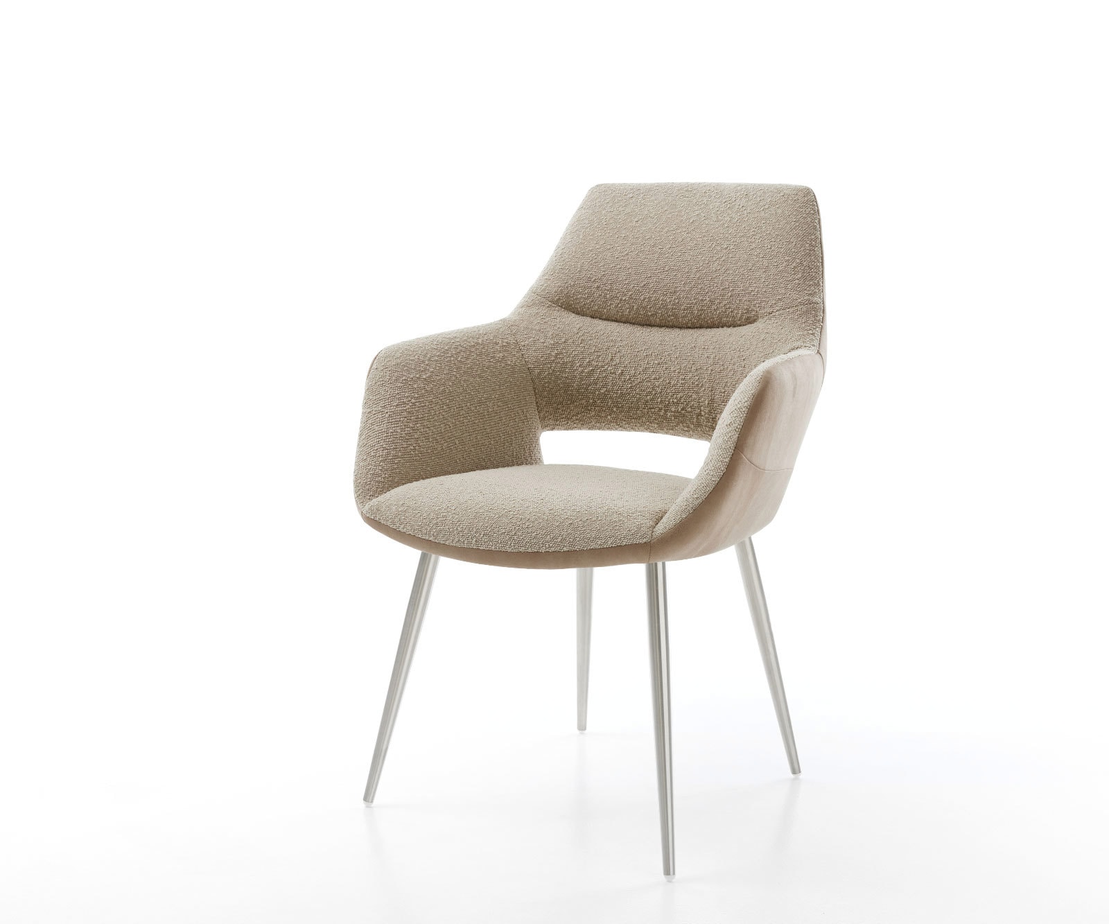 Chaise-de-salle-à-manger Yago-Flex avec accoudoirs tissu mixte couleur boue 4 pieds coniques acier inoxydable brossé ressorts ensachés Chaise-de-salle-à-manger Yago-Flex avec accoudoirs tissu mixte couleur boue 4 pieds coniques acier inoxydable brossé ressorts ensachés