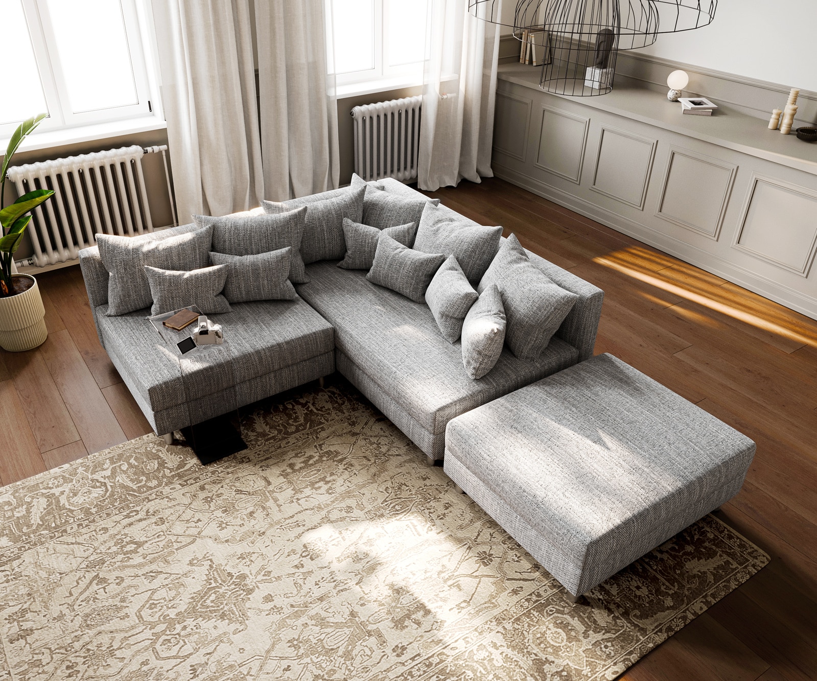 Canapé-d'angle Clovis tabouret en tissu structuré gris clair pouf à droite canapé modulaire 3 Canapé-d'angle Clovis tabouret en tissu structuré gris clair pouf à droite canapé modulaire 3