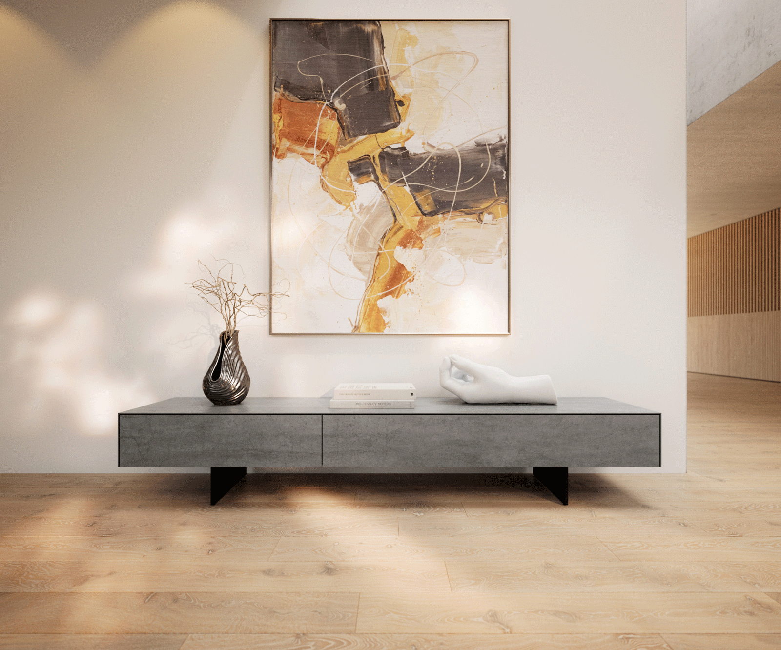 Meuble-TV Cuor 200 cm Céramique Béton gris 1 Clapet 1 Tiroir Pied optique flottant Métal Noir 2