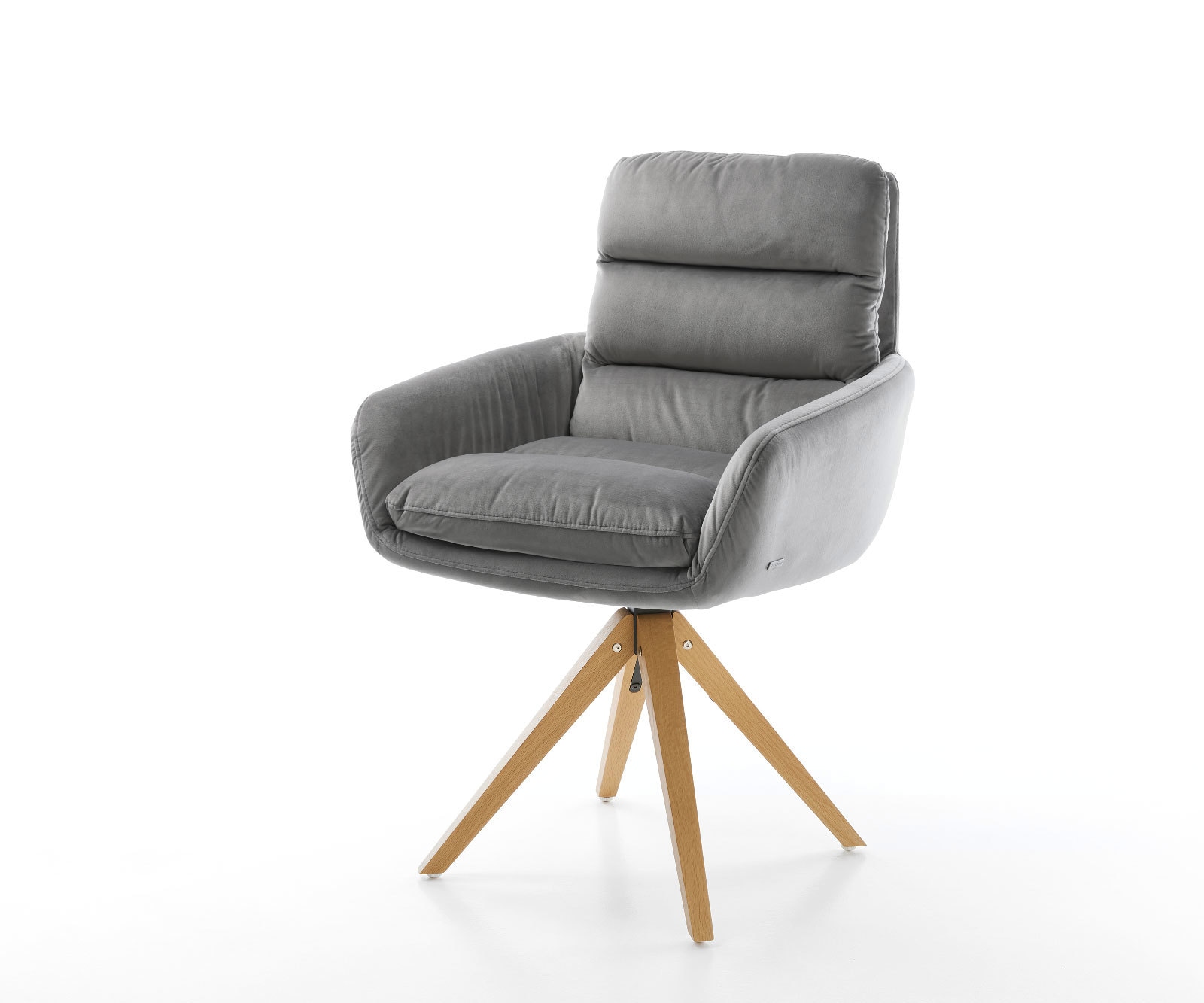 Chaise-de-salle-à-manger Abelia-Flex avec accoudoirs velours gris pied en bois angulaire naturel Chaise-de-salle-à-manger Abelia-Flex avec accoudoirs velours gris pied en bois angulaire naturel