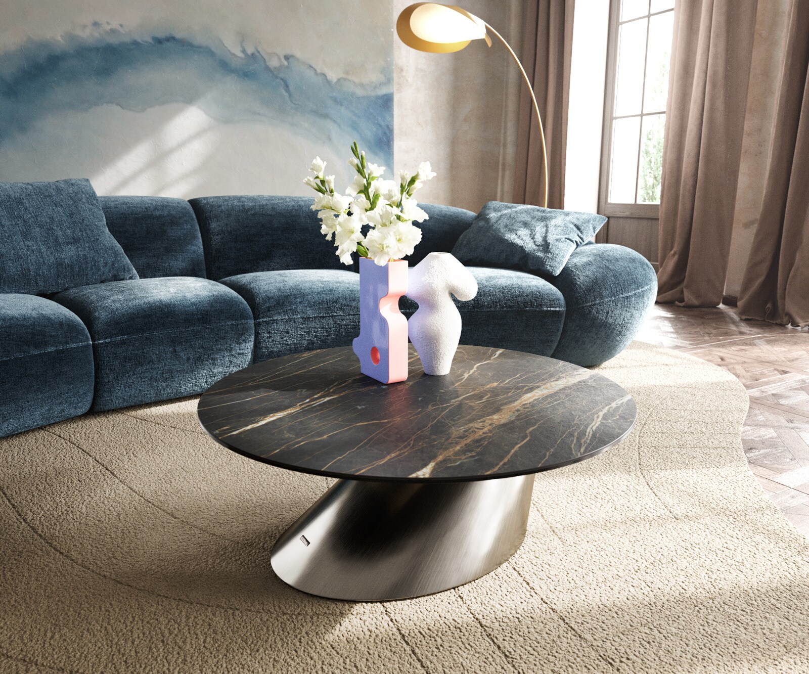 Table basse Edge rond 90x90 cm céramique Laminam® Noir Desir brun Conis acier inoxydable brossé 1