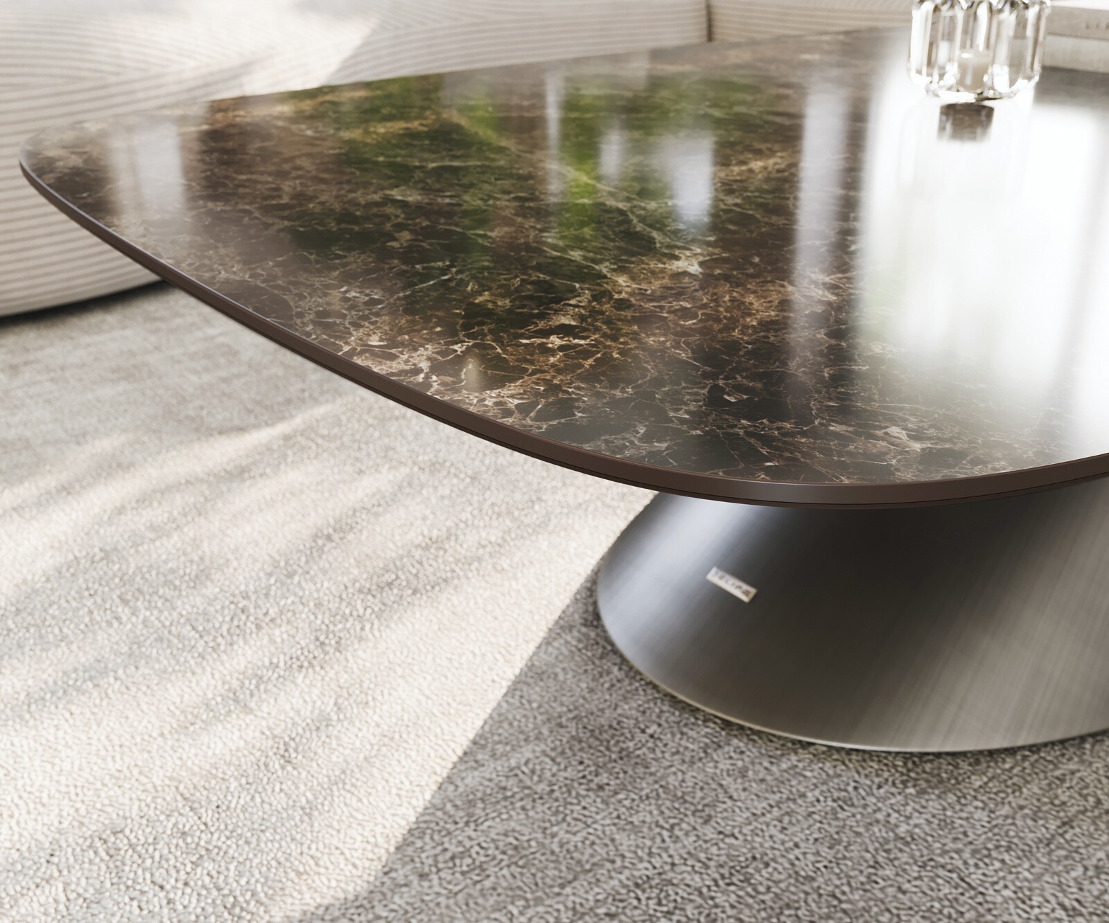 Table basse Edge Boot 140x80 cm céramique Laminam® Emperador Extra Lucidato brun foncé Conis argent métallique 6