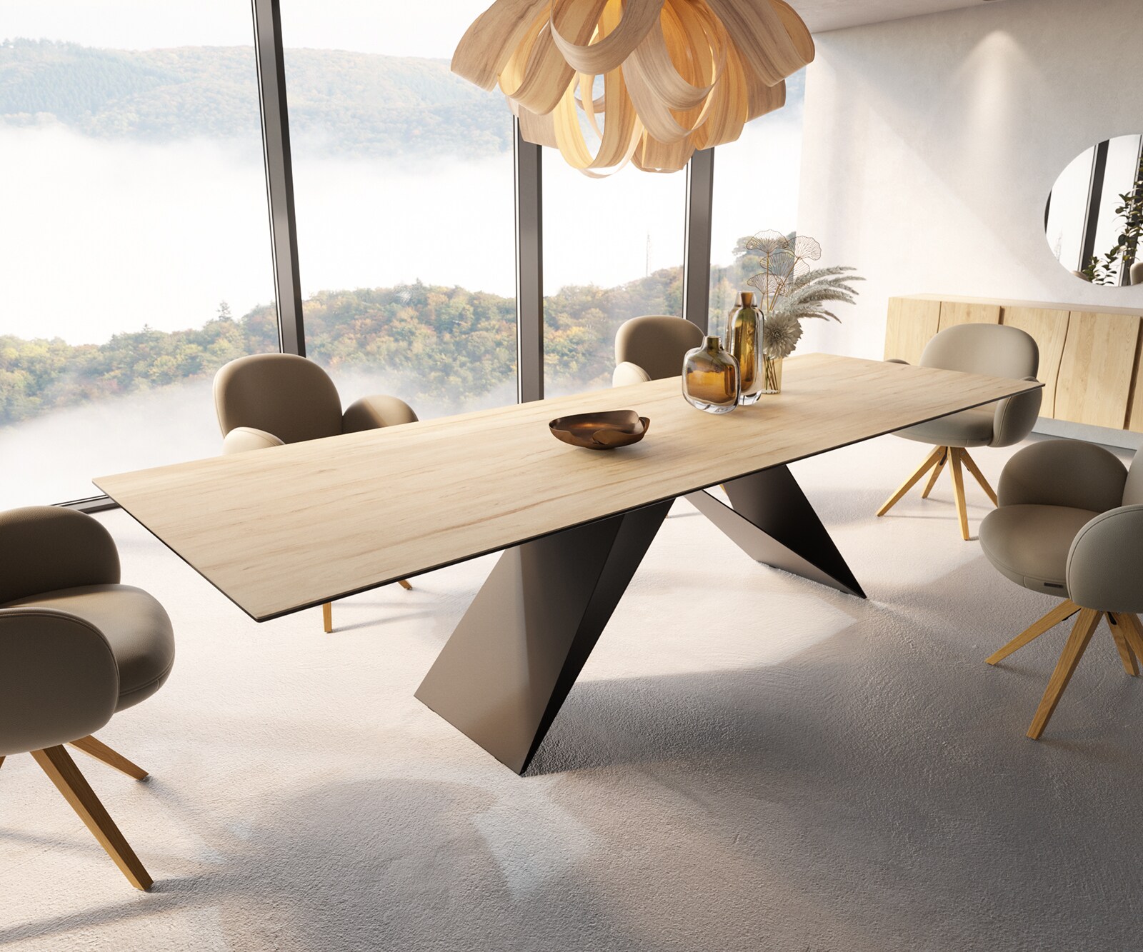 Table à manger Edge 300x100 céramique Laminam® Sabbia couleur chêne cadre en V acier plat noir 5