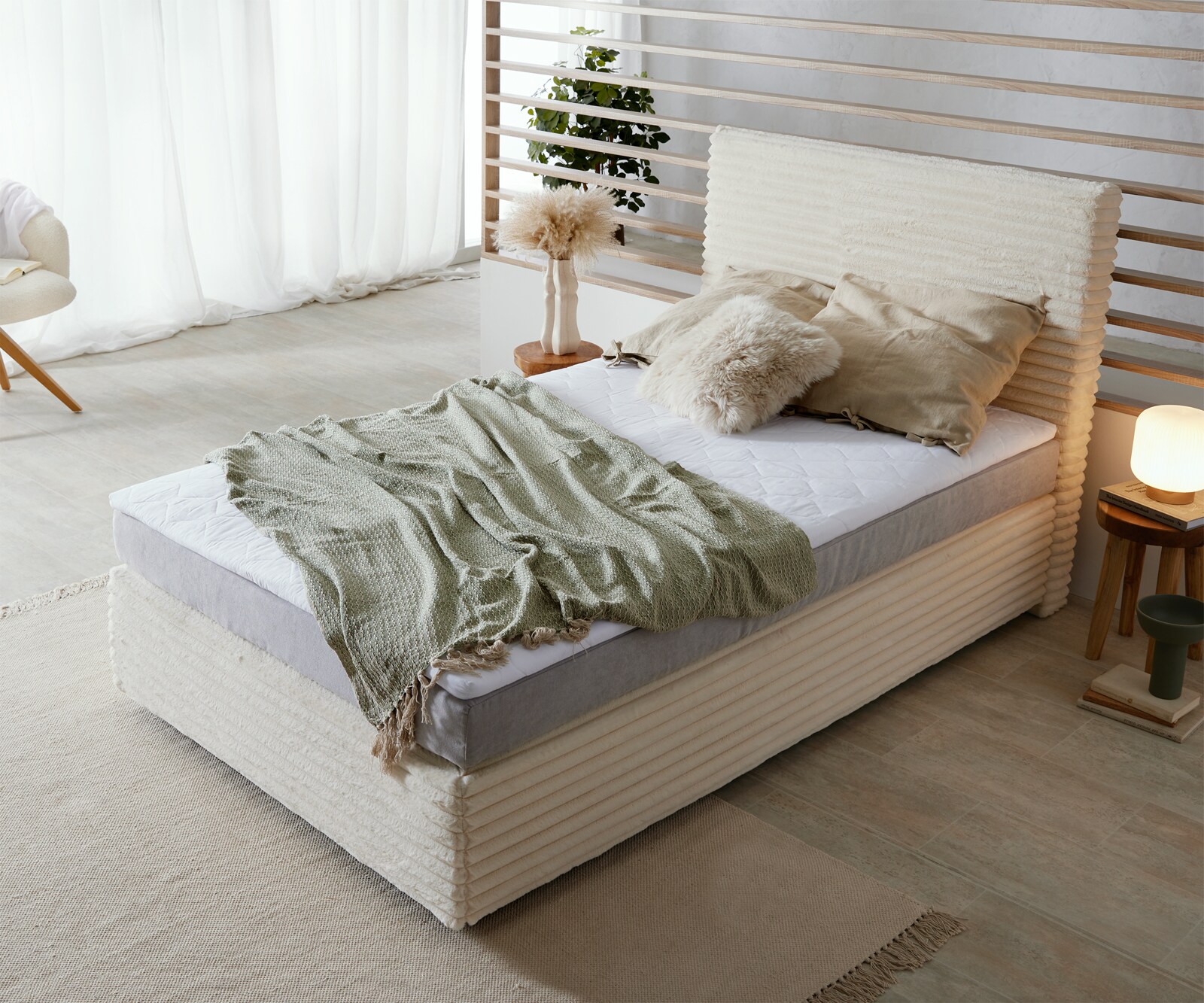 Lit-à-sommier-tapissier Dream-Well Velours côtelé en peluche  Beige 120x200 cm Matelas Bonell Surmatelas PU 2 Lit-à-sommier-tapissier Dream-Well Velours côtelé en peluche  Beige 120x200 cm Matelas Bonell Surmatelas PU 2