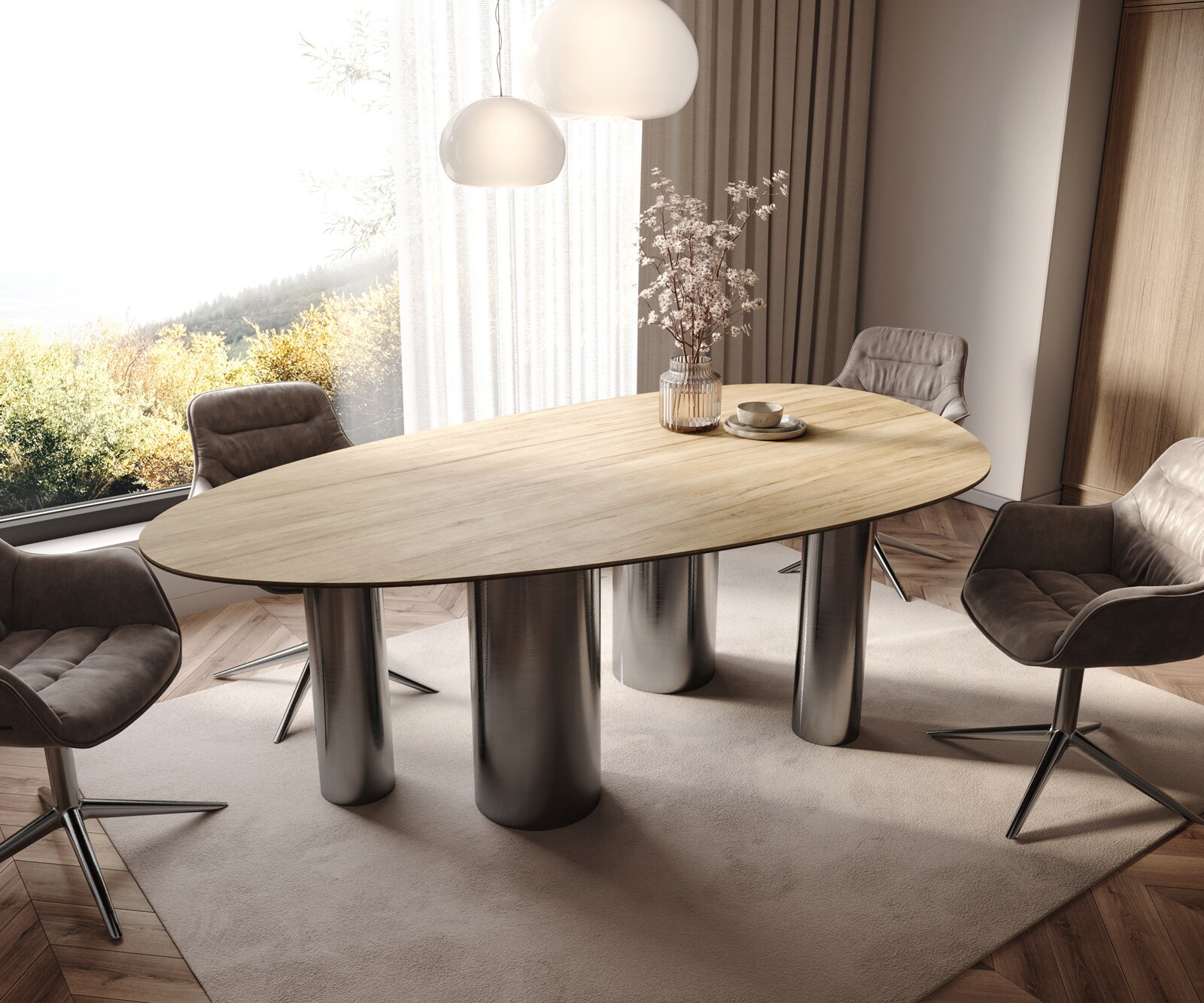 Table à manger Edge Ovale 220x120 Céramique Laminam® Sabbia Couleur chêne Pilier Acier inoxydable Graphite 1