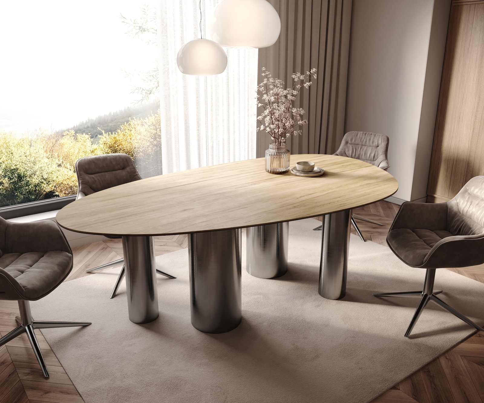 Table à manger Edge Ovale 220x120 Céramique Laminam® Sabbia Couleur chêne Pilier Acier inoxydable Graphite Table à manger Edge Ovale 220x120 Céramique Laminam® Sabbia Couleur chêne Pilier Acier inoxydable Graphite