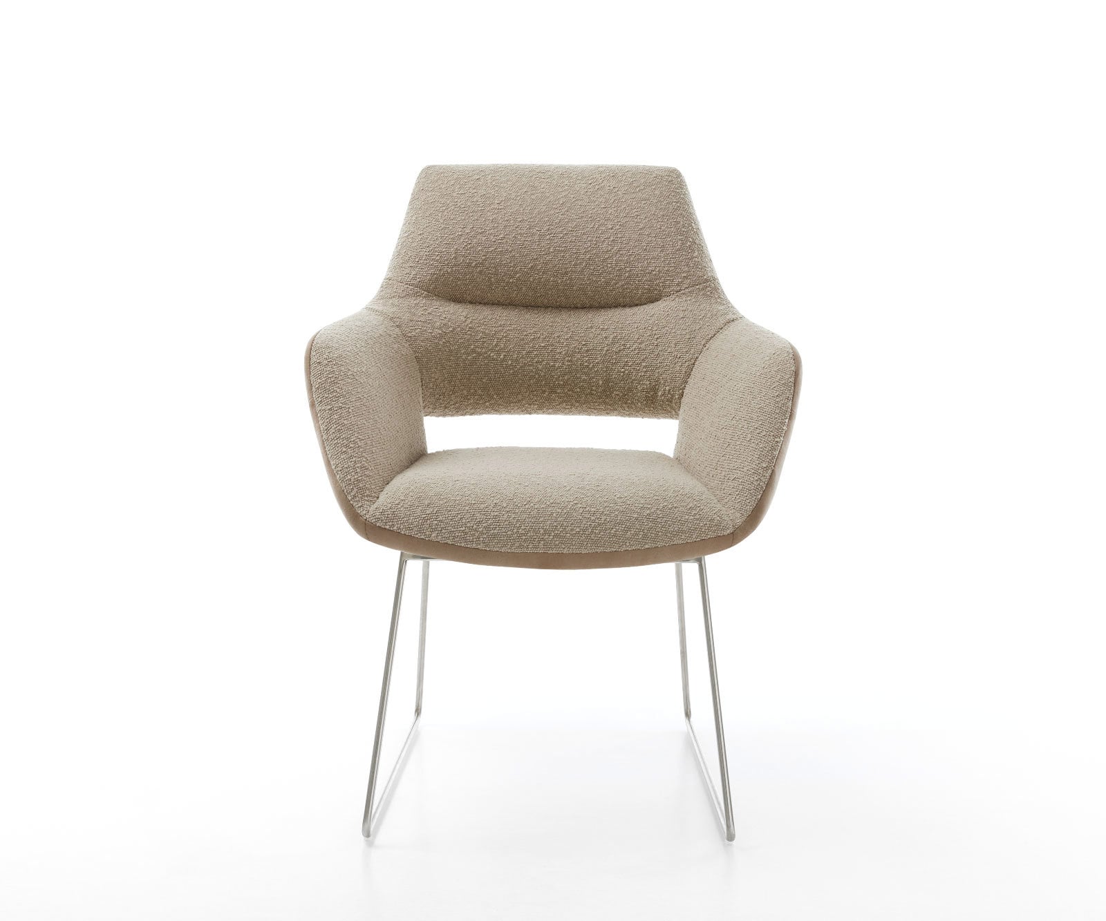 Chaise-de-salle-à-manger Yago-Flex avec accoudoirs tissu mixte couleur boue pied trapèze acier inoxydable brossé ressorts ensachés 1 Chaise-de-salle-à-manger Yago-Flex avec accoudoirs tissu mixte couleur boue pied trapèze acier inoxydable brossé ressorts ensachés 1