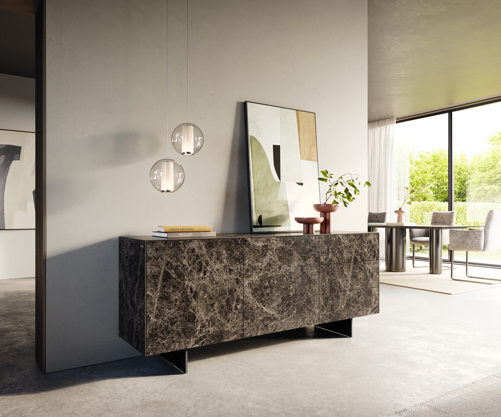 Buffet Cuor 180 cm Céramique Emperador Extra Lucidato brun foncé 2 Portes 3 Tiroirs Pied optique flottant Métal Noir 1