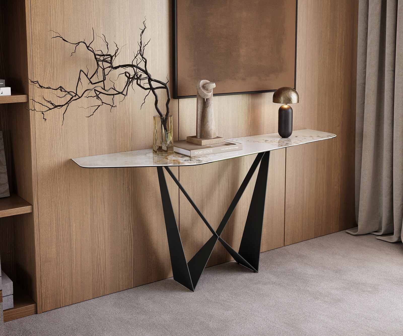Console Edge Polygonal 180x50 cm Céramique Minas Melange Weiß-Beige Spios Métal Noir