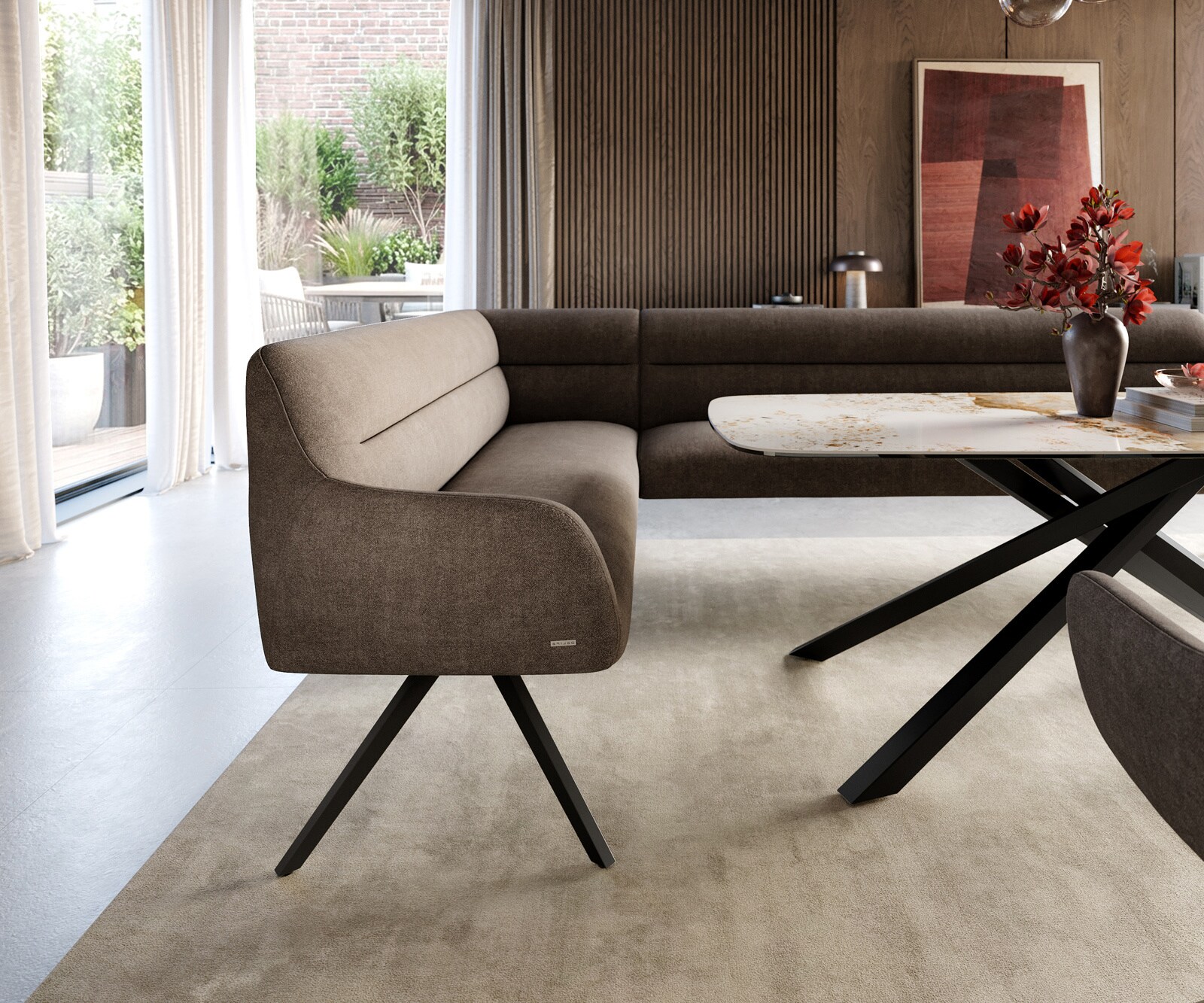 Banc-de-salle-à-manger Taya-Flex 285x190 cm tissu structuré doux taupe pied croisé angulaire noir ressort ensaché à droite 4