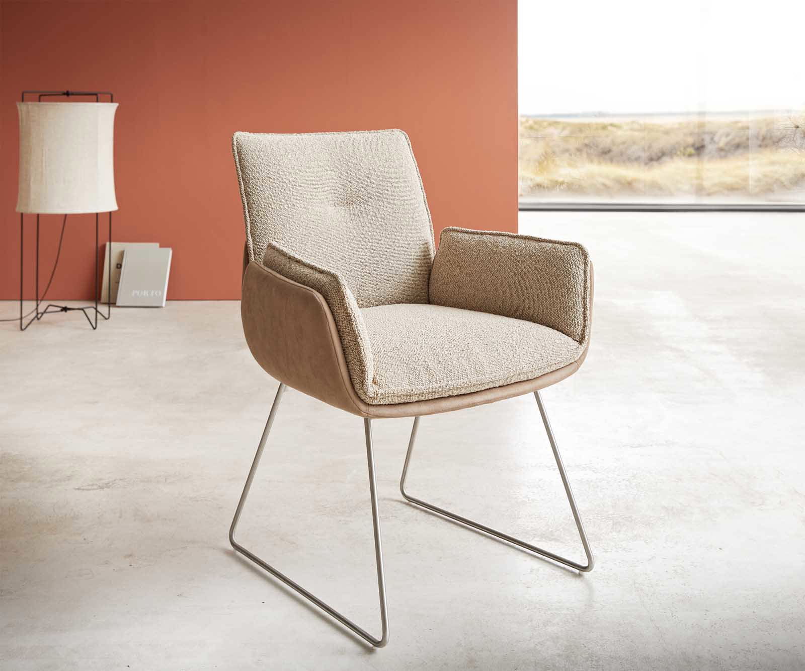 Chaise-de-salle-à-manger Nela-Flex tissu mixte couleur boue pied trapèze acier inoxydable brossé